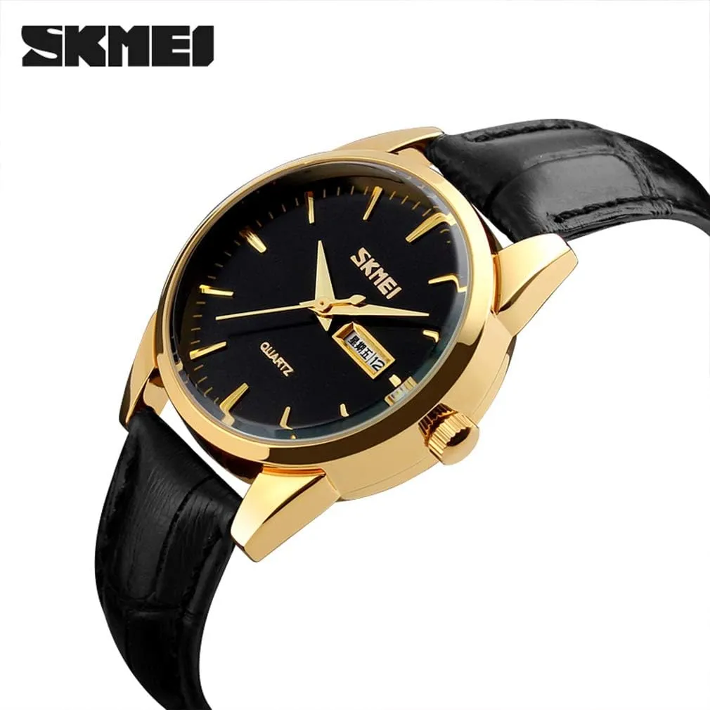 Girls Gifts SKMEI Women's Watches for Ladies Female Black Leather Band Waterproof Fashion Casual Simple Dress Quartz Analog endangered Day Date Calendar Business Light Wrist Watch Wife 