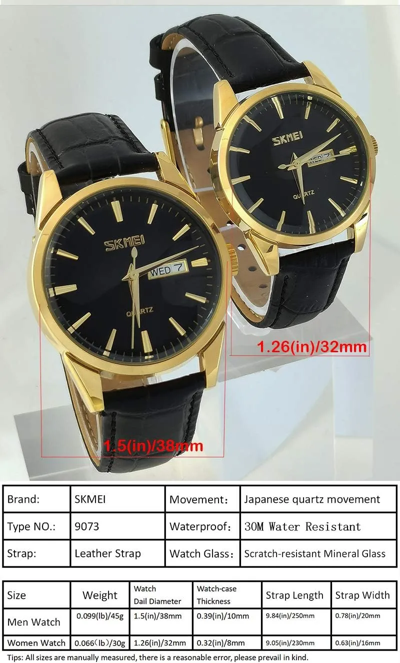 Girls Gifts SKMEI Women's Watches for Ladies Female Black Leather Band Waterproof Fashion Casual Simple Dress Quartz Analog endangered Day Date Calendar Business Light Wrist Watch Wife 