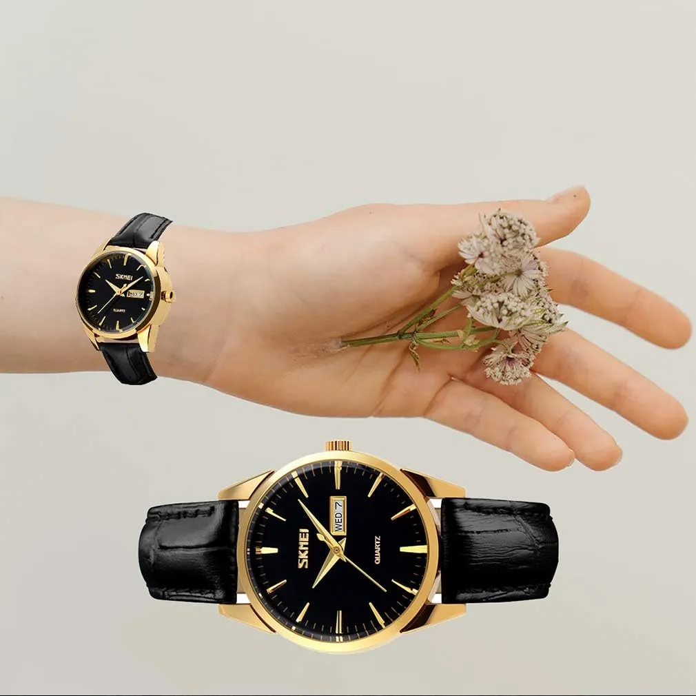 Girls Gifts SKMEI Women's Watches for Ladies Female Black Leather Band Waterproof Fashion Casual Simple Dress Quartz Analog endangered Day Date Calendar Business Light Wrist Watch Wife 