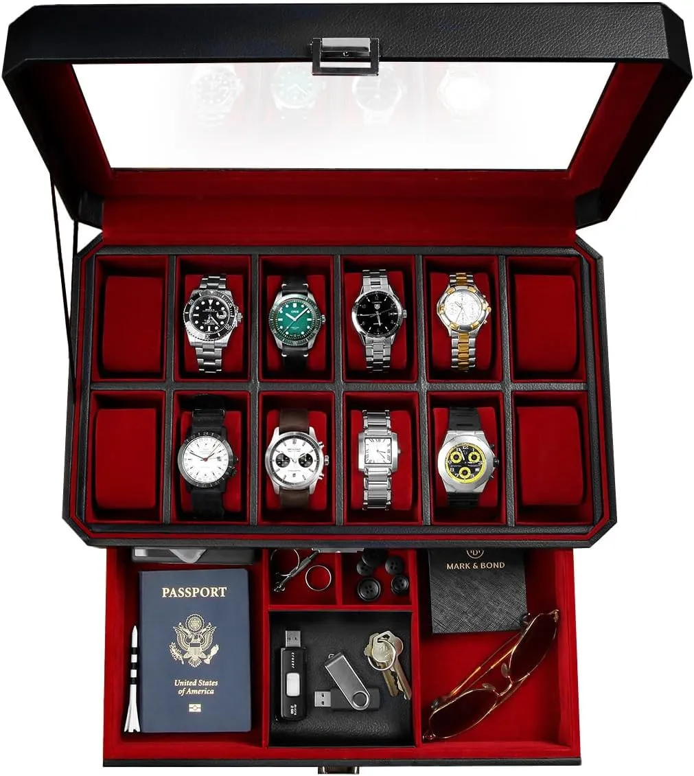 Glass Top | Personalized Plate Option | Luxury Watch Box with 12 Slots HomeWetBar 12 Watch Display Case for Men | curvature dizzy lid pluck threshold Premium Black Leather with Valet Drawer | Velvet Interior and 