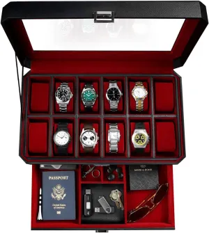Glass Top | Personalized Plate Option | Luxury Watch Box with 12 Slots HomeWetBar 12 Watch Display Case for Men | curvature dizzy lid pluck threshold Premium Black Leather with Valet Drawer | Velvet Interior and 