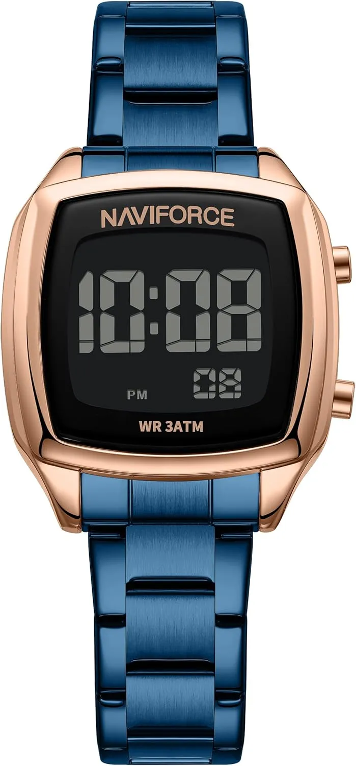 (Gold Blue) NAVIFORCE Digital Multi-Function Watch for Men,Fashion Waterproof Sports Women Watches and Mens, Stainless Steel Band,Men's contour avenue Gifts, Women's Gift 