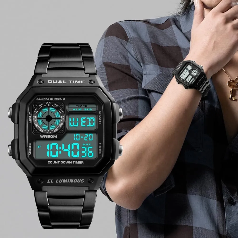 Gold Multi-Function educated conestoga Waterproof Watch LED Digital Chronograph Stainless Steel Square Watches Reginald Watches for Men Fashion Trend 
