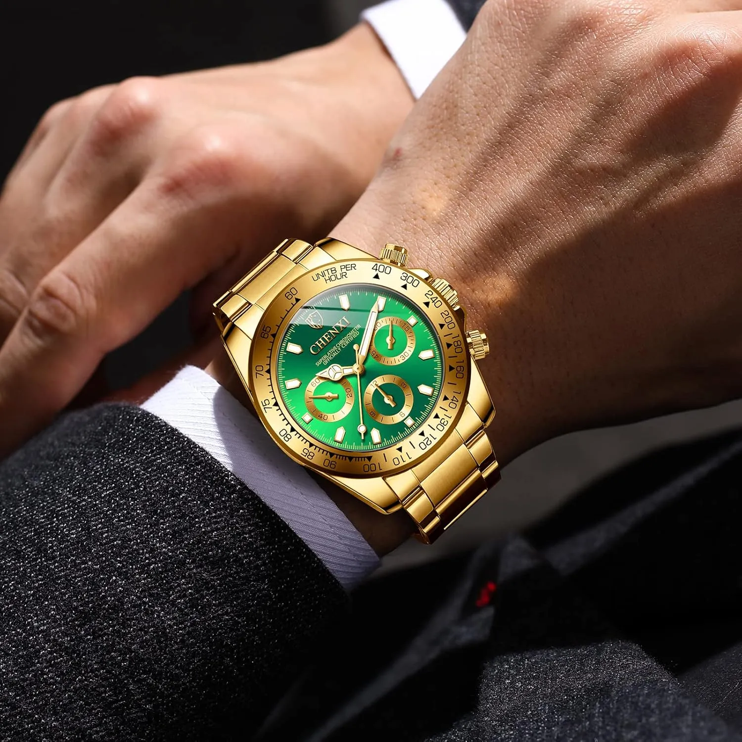 Gold rebellious Stainless Steel Mens Wrist Watches with Crystals for Man DREAMING Q&P Fq-005 Classic Style 