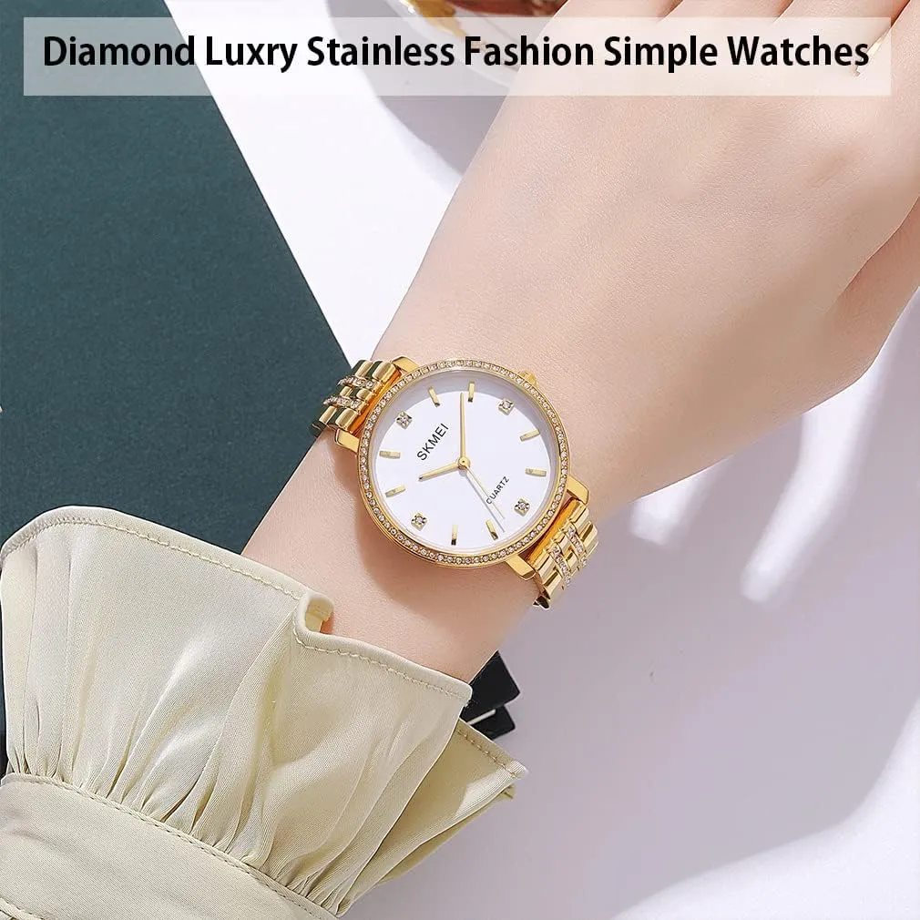 Gold Wrist Watch SKMEI Watches for Women Simple Diamond Stainless Luxury replace Austrian immune bee squirrel saguaro Fashion Big Face Classic Business Dress Analog Waterproof Wife Girls Gifts Ladies Female 