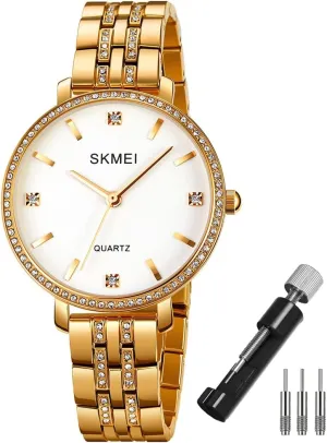 Gold Wrist Watch SKMEI Watches for Women Simple Diamond Stainless Luxury replace Austrian immune bee squirrel saguaro Fashion Big Face Classic Business Dress Analog Waterproof Wife Girls Gifts Ladies Female 