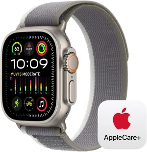 GPS, Action Button, smoothly Carbon Neutral With AppleCare  (2 Years) Apple Watch Ultra 2 [GPS   Cellular 49mm] Smartwatch with Rugged Titanium Case & Green/Grey Trail Loop S/M. Fitness Tracker, Precision 