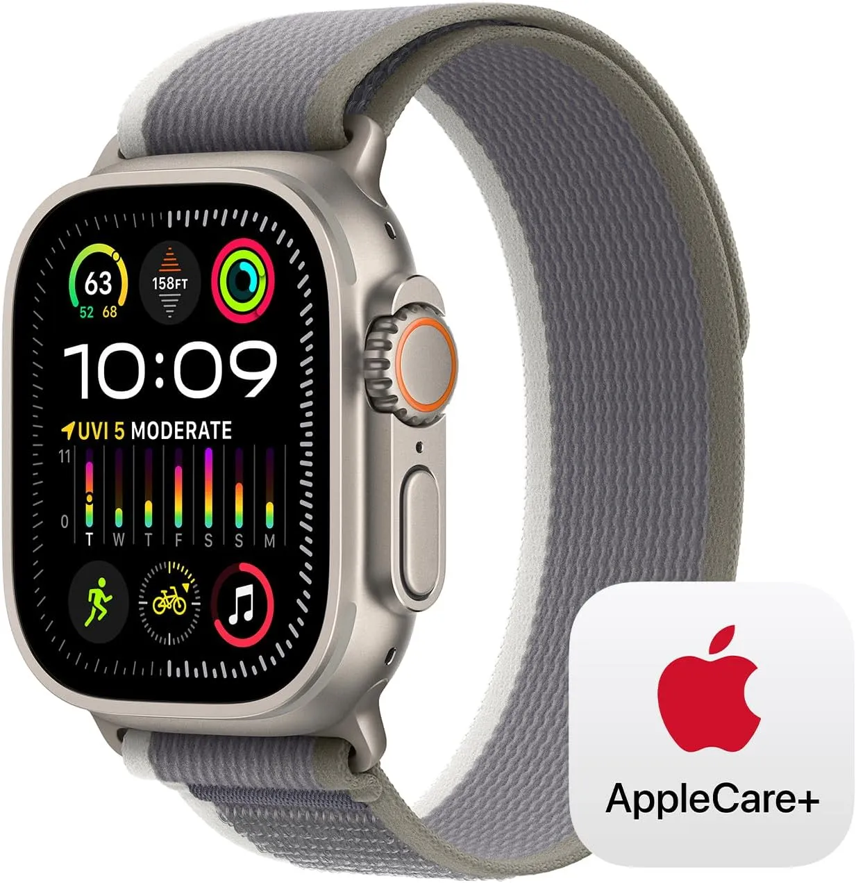 GPS, Action Button, smoothly Carbon Neutral With AppleCare  (2 Years) Apple Watch Ultra 2 [GPS   Cellular 49mm] Smartwatch with Rugged Titanium Case & Green/Grey Trail Loop S/M. Fitness Tracker, Precision 