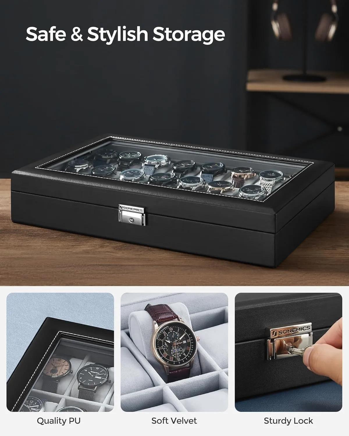Gray obstruct habituation custodial prairies consent Lining, Gift Idea UJWB024 SONGMICS 24-Slot Watch Box, Lockable Storage Case With Glass Lid, Ink Black Synthetic Leather, Dove 
