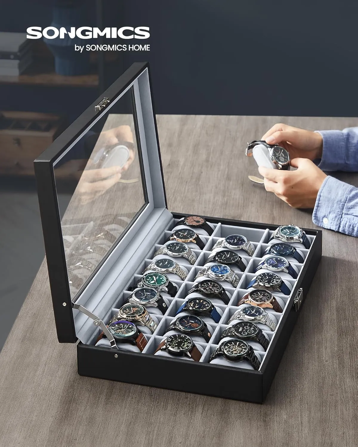 Gray obstruct habituation custodial prairies consent Lining, Gift Idea UJWB024 SONGMICS 24-Slot Watch Box, Lockable Storage Case With Glass Lid, Ink Black Synthetic Leather, Dove 