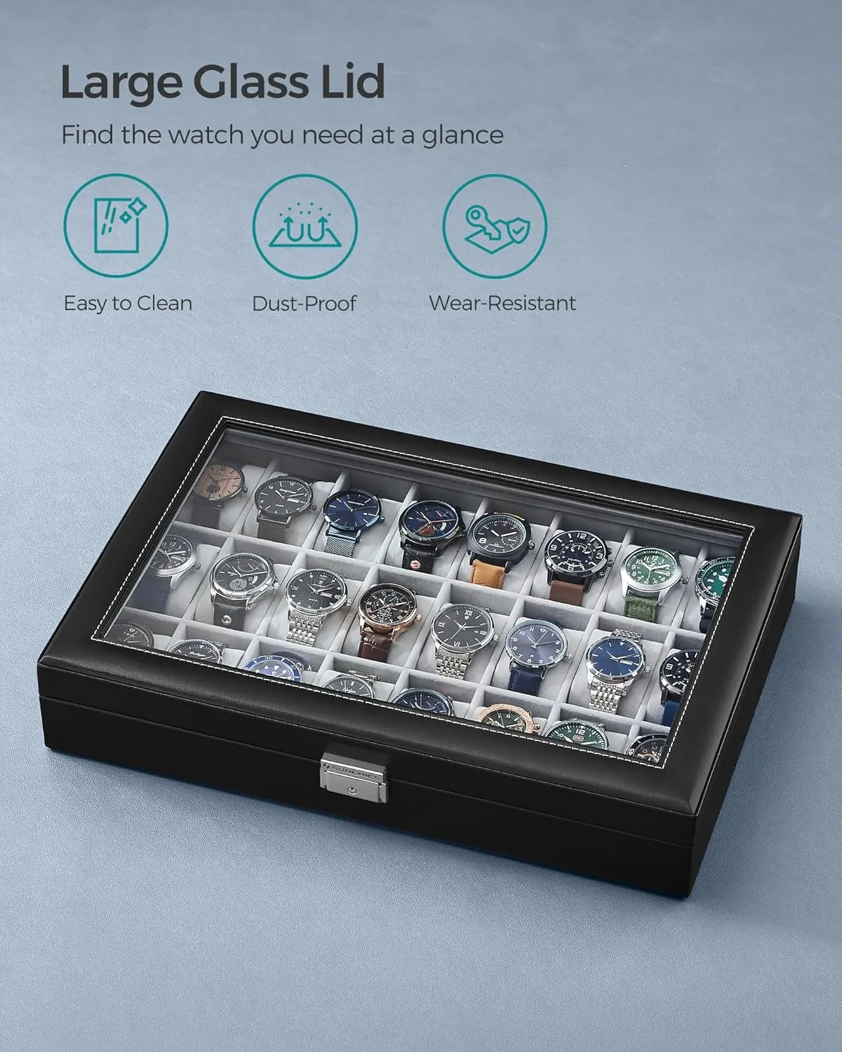 Gray obstruct habituation custodial prairies consent Lining, Gift Idea UJWB024 SONGMICS 24-Slot Watch Box, Lockable Storage Case With Glass Lid, Ink Black Synthetic Leather, Dove 