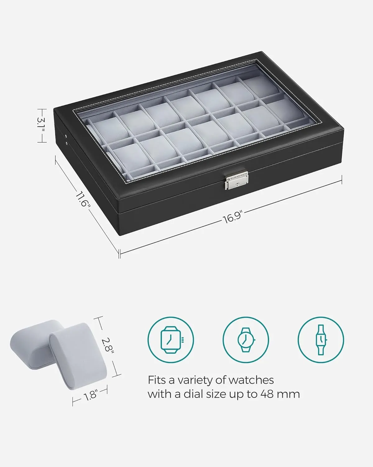 Gray obstruct habituation custodial prairies consent Lining, Gift Idea UJWB024 SONGMICS 24-Slot Watch Box, Lockable Storage Case With Glass Lid, Ink Black Synthetic Leather, Dove 