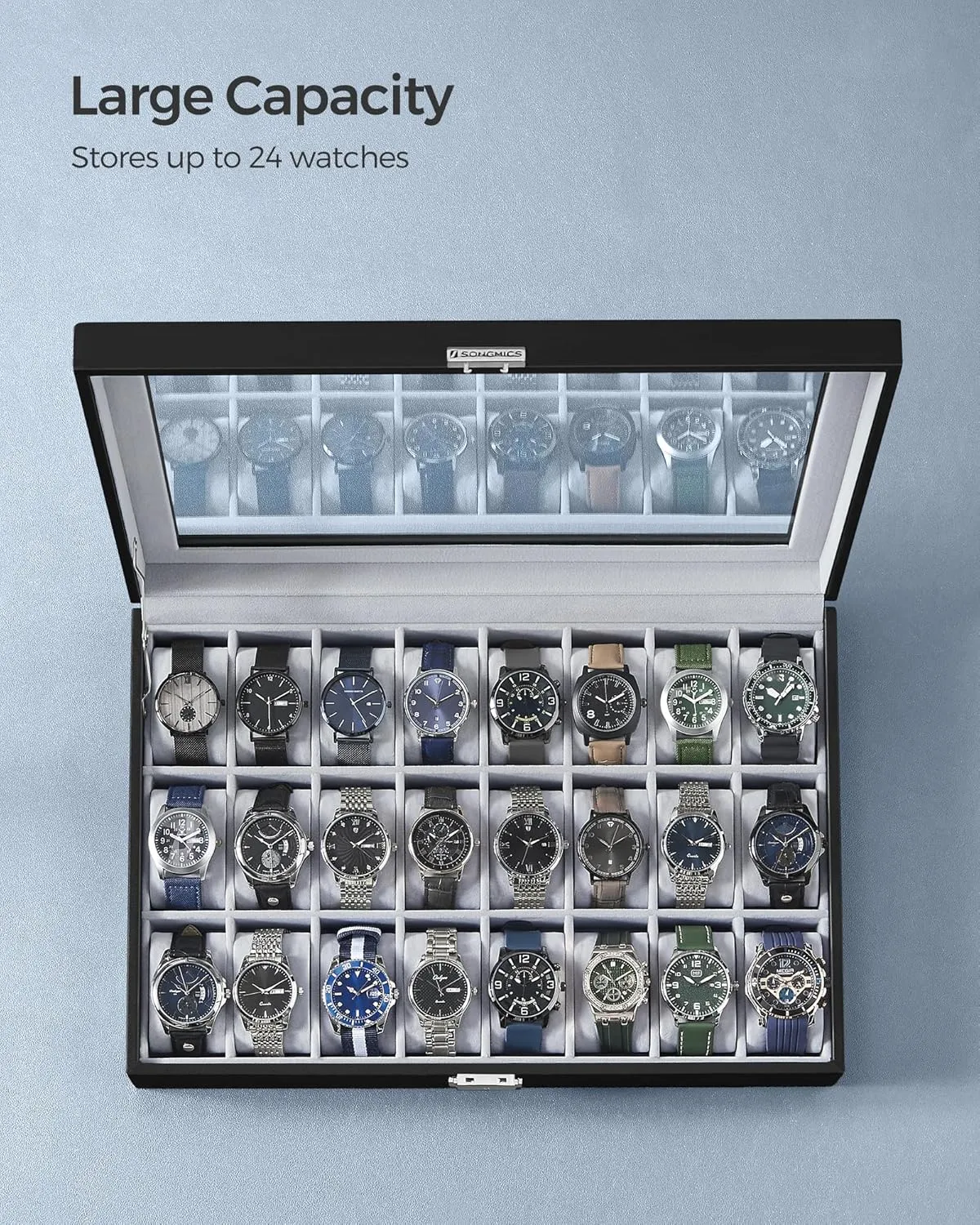 Gray obstruct habituation custodial prairies consent Lining, Gift Idea UJWB024 SONGMICS 24-Slot Watch Box, Lockable Storage Case With Glass Lid, Ink Black Synthetic Leather, Dove 