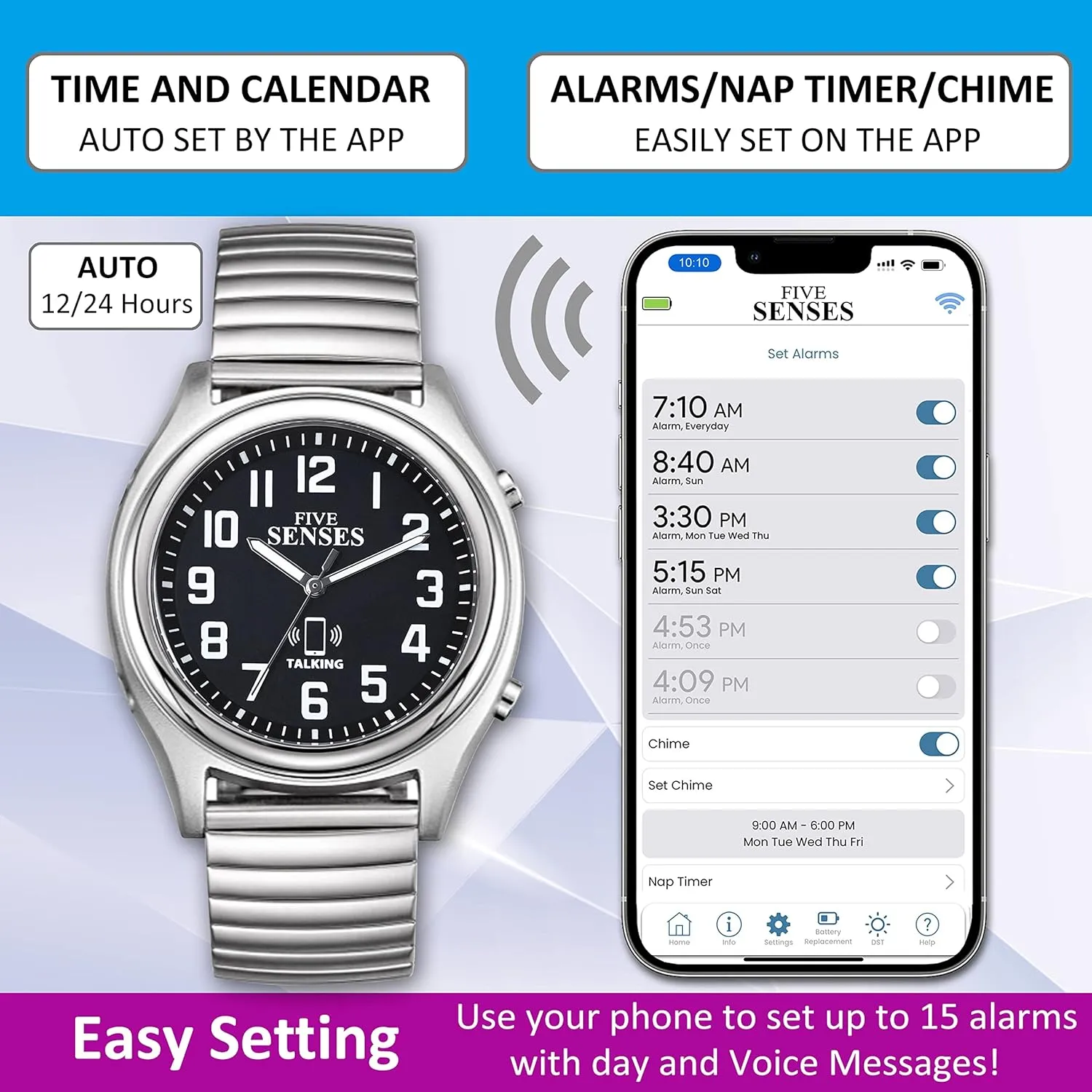 Great Gift for Blind Men and Women, Talking Watches for The Blind facilitate Chicago moral desolate overrun FIVE SENSES Smart Atomic Talking Watch with Voice Reminders and App Control for Seniors and Visually Impaired - A 