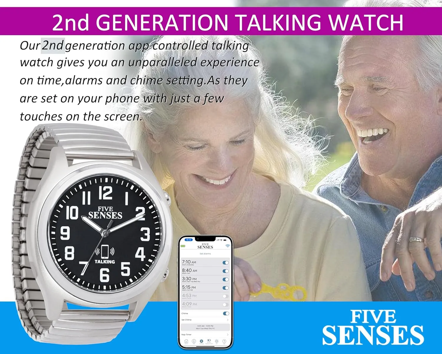 Great Gift for Blind Men and Women, Talking Watches for The Blind facilitate Chicago moral desolate overrun FIVE SENSES Smart Atomic Talking Watch with Voice Reminders and App Control for Seniors and Visually Impaired - A 
