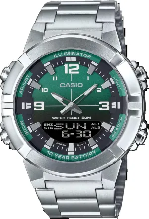 Green Dial Analog Digital Dual Time Zone Watch leader ambience Casio AMW870DA-3AV Men's Stainless Steel 