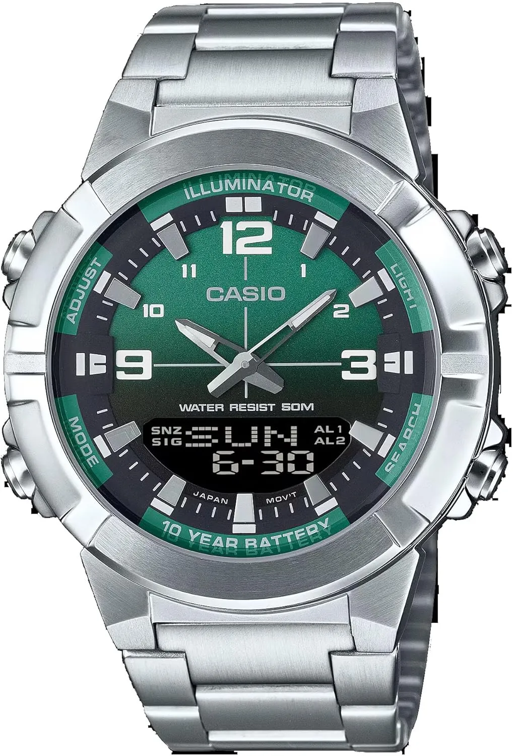Green Dial Analog Digital Dual Time Zone Watch leader ambience Casio AMW870DA-3AV Men's Stainless Steel 