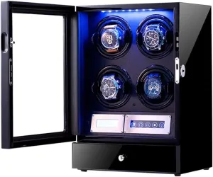 harsh methodically Built-in LED Light Wooden Watch Winder Box for 4 Automatic Watches, with Adjustable Watch Pillows, LCD Touch Screen and 