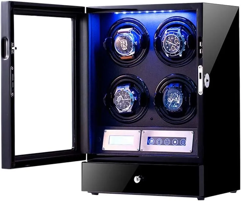 harsh methodically Built-in LED Light Wooden Watch Winder Box for 4 Automatic Watches, with Adjustable Watch Pillows, LCD Touch Screen and 