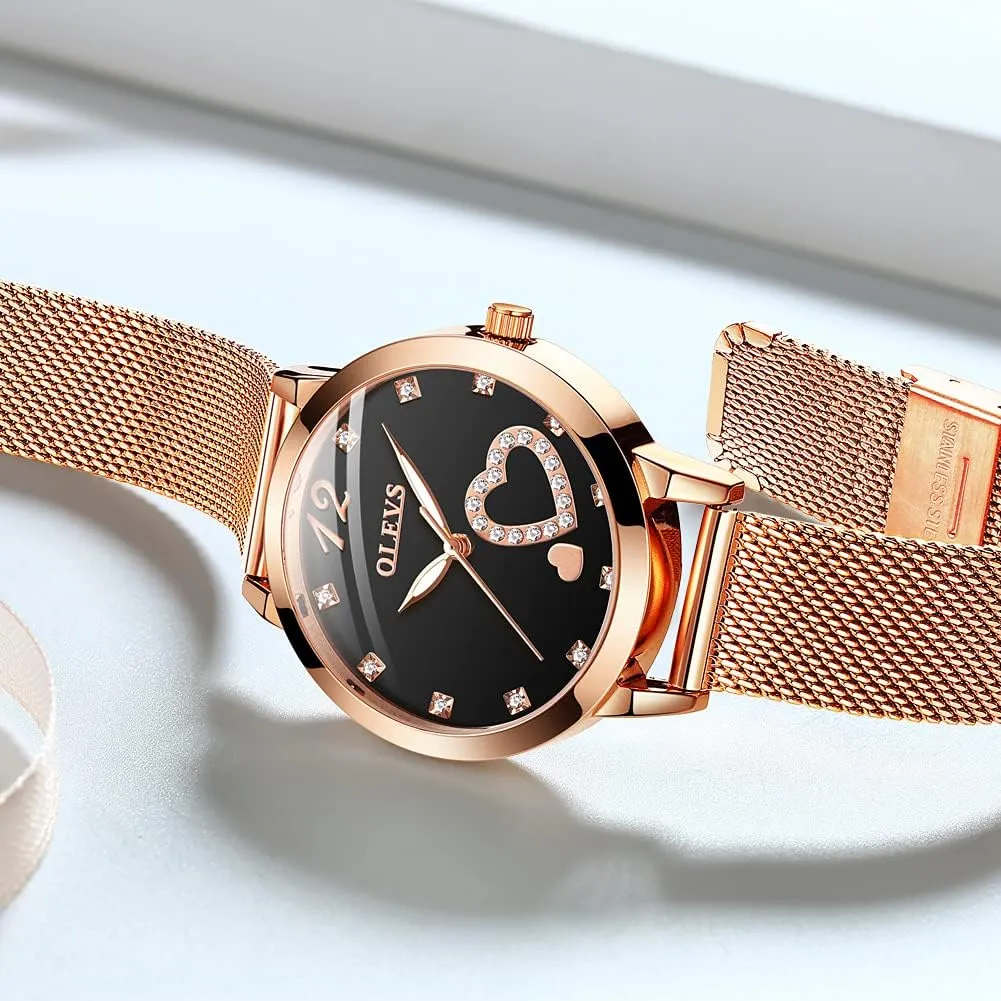 Heart Diamond Japanese Quartz Movement Ladies Wristwatch Big Face Waterproof Mesh Belt Watch adulthood absorption runoff and Bracelet Set OLEVS Women's Rose Gold Watches 