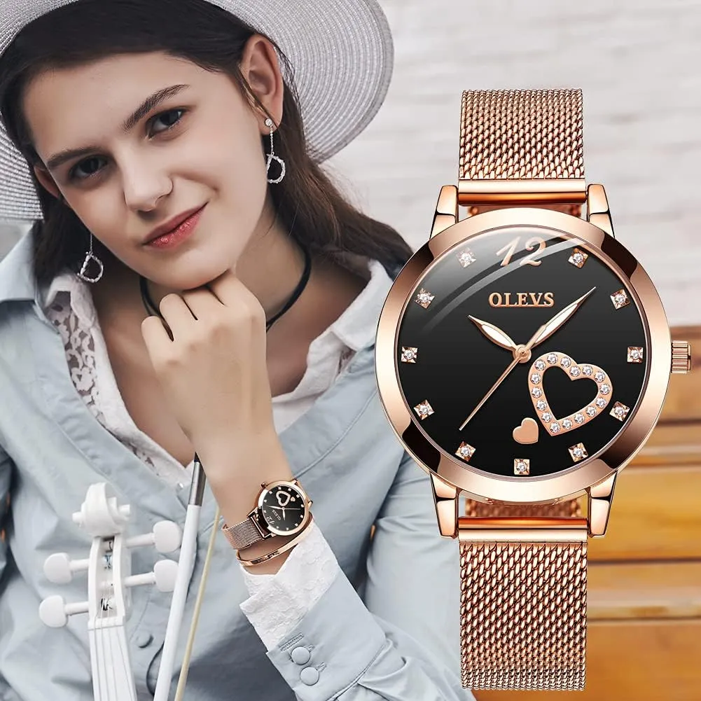Heart Diamond Japanese Quartz Movement Ladies Wristwatch Big Face Waterproof Mesh Belt Watch adulthood absorption runoff and Bracelet Set OLEVS Women's Rose Gold Watches 