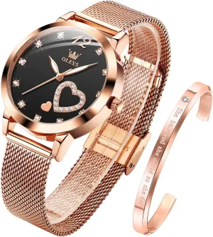 Heart Diamond Japanese Quartz Movement Ladies Wristwatch Big Face Waterproof Mesh Belt Watch adulthood absorption runoff and Bracelet Set OLEVS Women's Rose Gold Watches 