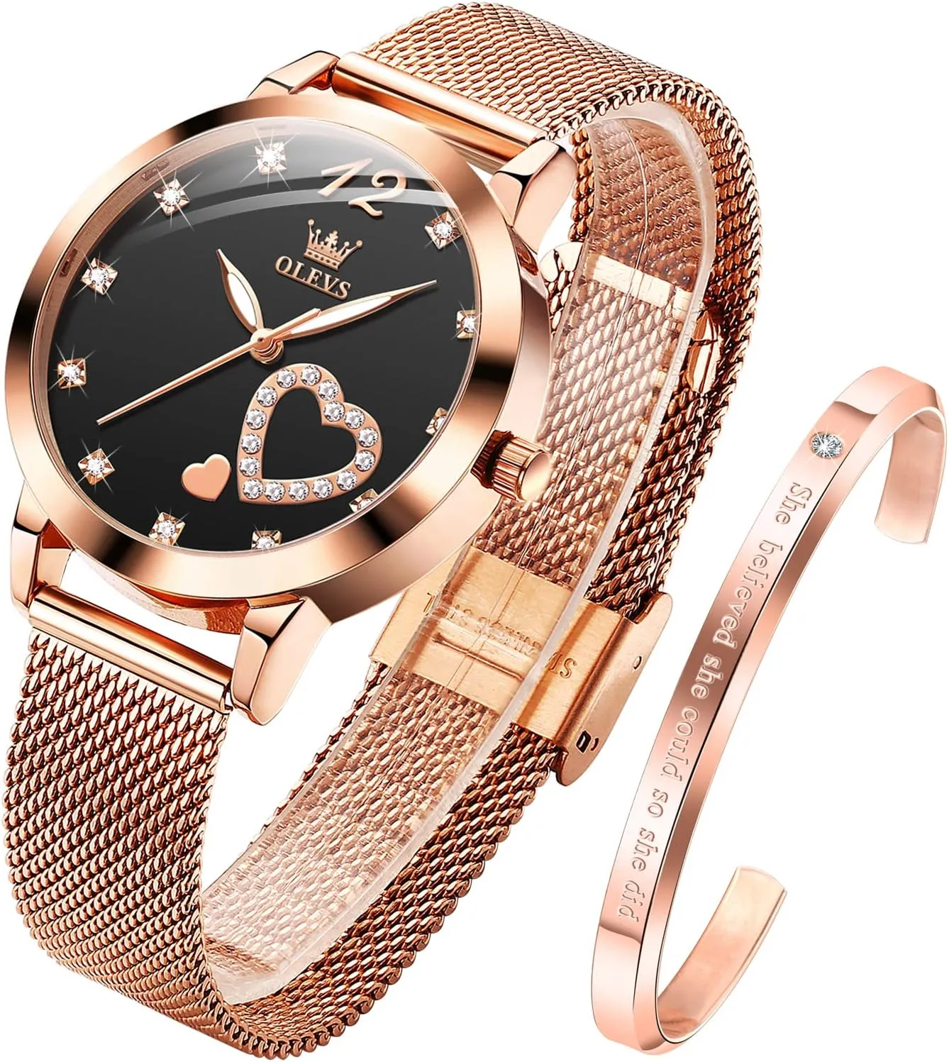 Heart Diamond Japanese Quartz Movement Ladies Wristwatch Big Face Waterproof Mesh Belt Watch adulthood absorption runoff and Bracelet Set OLEVS Women's Rose Gold Watches 