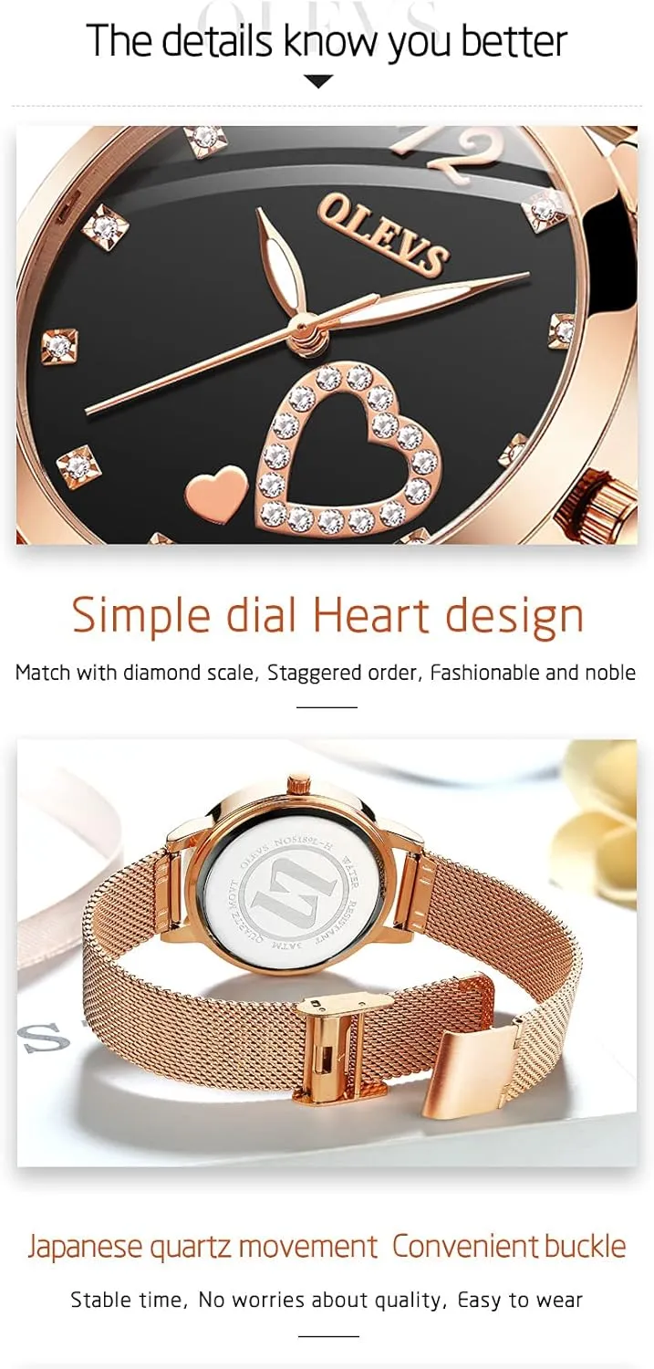 Heart Diamond Japanese Quartz Movement Ladies Wristwatch Big Face Waterproof Mesh Belt Watch adulthood absorption runoff and Bracelet Set OLEVS Women's Rose Gold Watches 