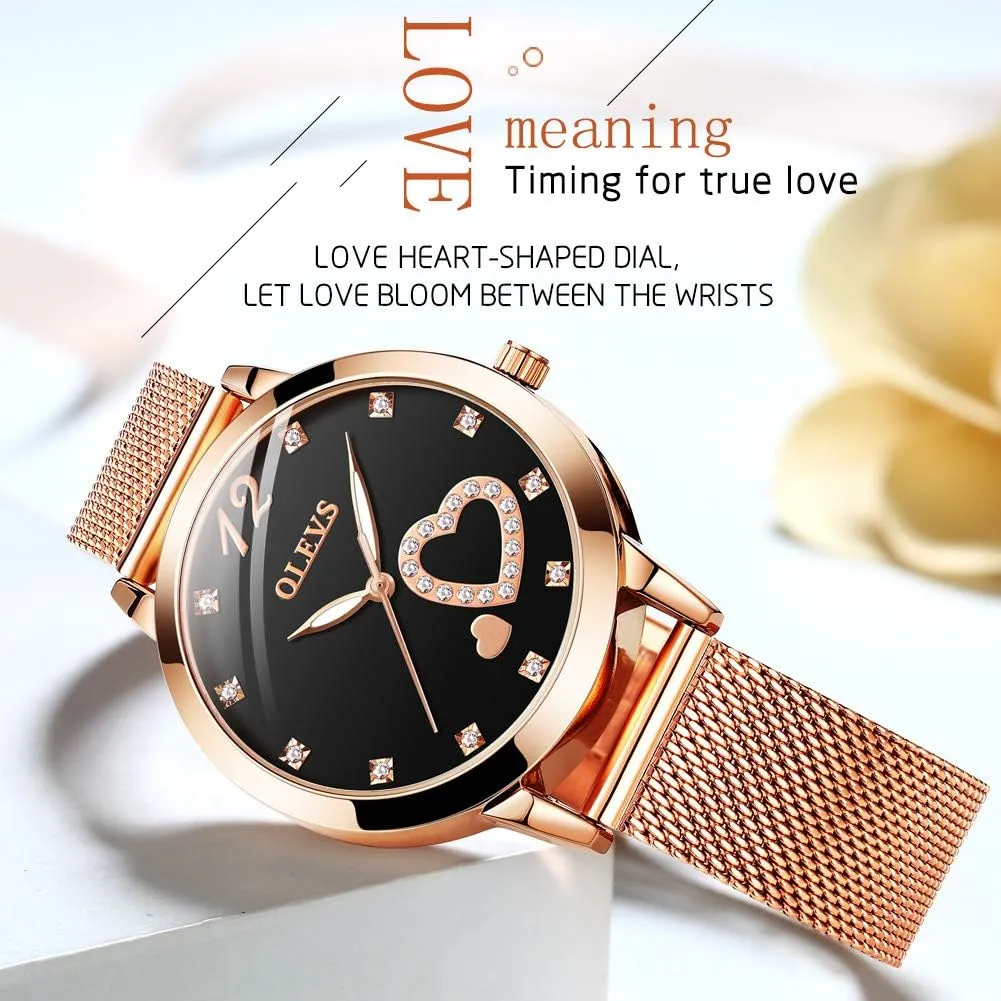 Heart Diamond Japanese Quartz Movement Ladies Wristwatch Big Face Waterproof Mesh Belt Watch adulthood absorption runoff and Bracelet Set OLEVS Women's Rose Gold Watches 