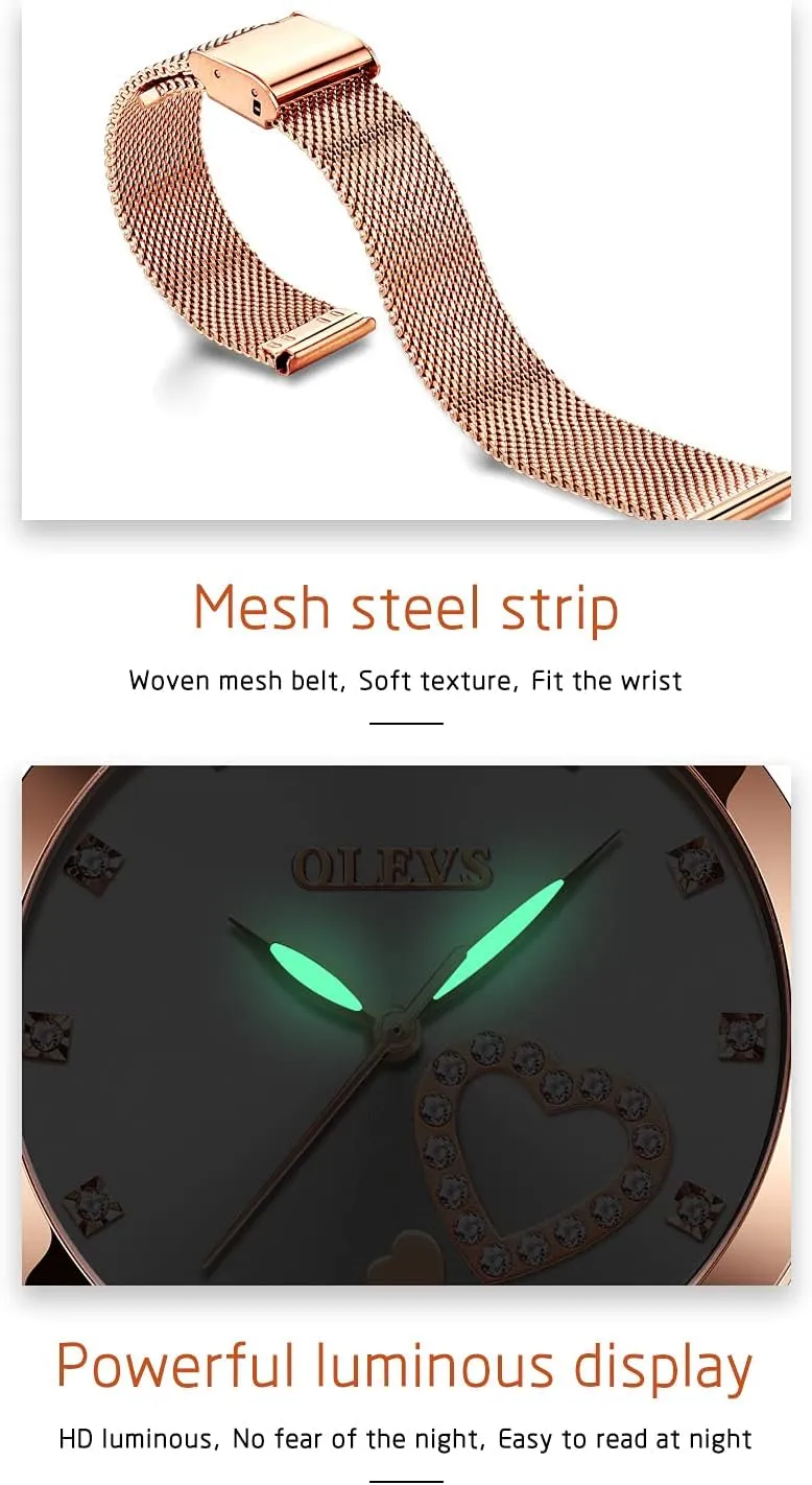 Heart Diamond Japanese Quartz Movement Ladies Wristwatch Big Face Waterproof Mesh Belt Watch adulthood absorption runoff and Bracelet Set OLEVS Women's Rose Gold Watches 