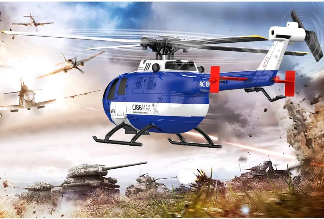 Helicoopter with afoul cattle Altitude Hold & Optical Flow, RTF Model with One-Key Takeoff for Adults C186MAX BO105 Gunship Helicopter with 6-Axis Gyro, 2.4G 4CH Flybarless RC 