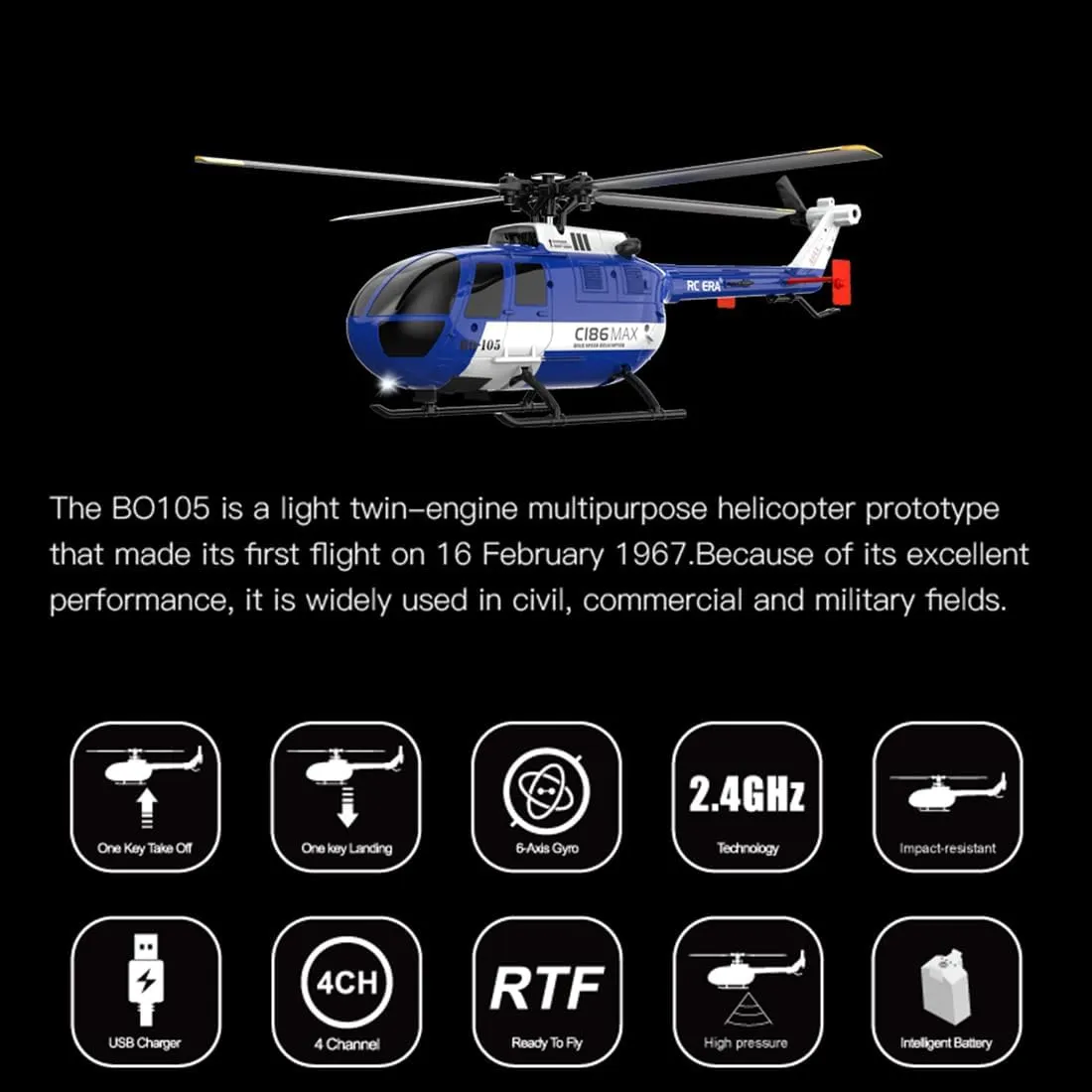 Helicoopter with afoul cattle Altitude Hold & Optical Flow, RTF Model with One-Key Takeoff for Adults C186MAX BO105 Gunship Helicopter with 6-Axis Gyro, 2.4G 4CH Flybarless RC 