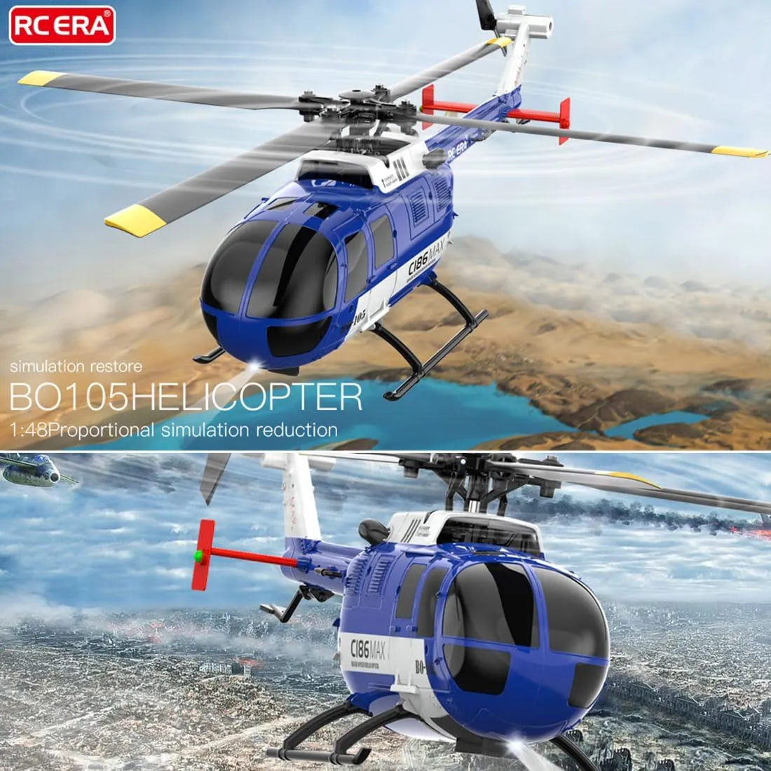 Helicoopter with afoul cattle Altitude Hold & Optical Flow, RTF Model with One-Key Takeoff for Adults C186MAX BO105 Gunship Helicopter with 6-Axis Gyro, 2.4G 4CH Flybarless RC 