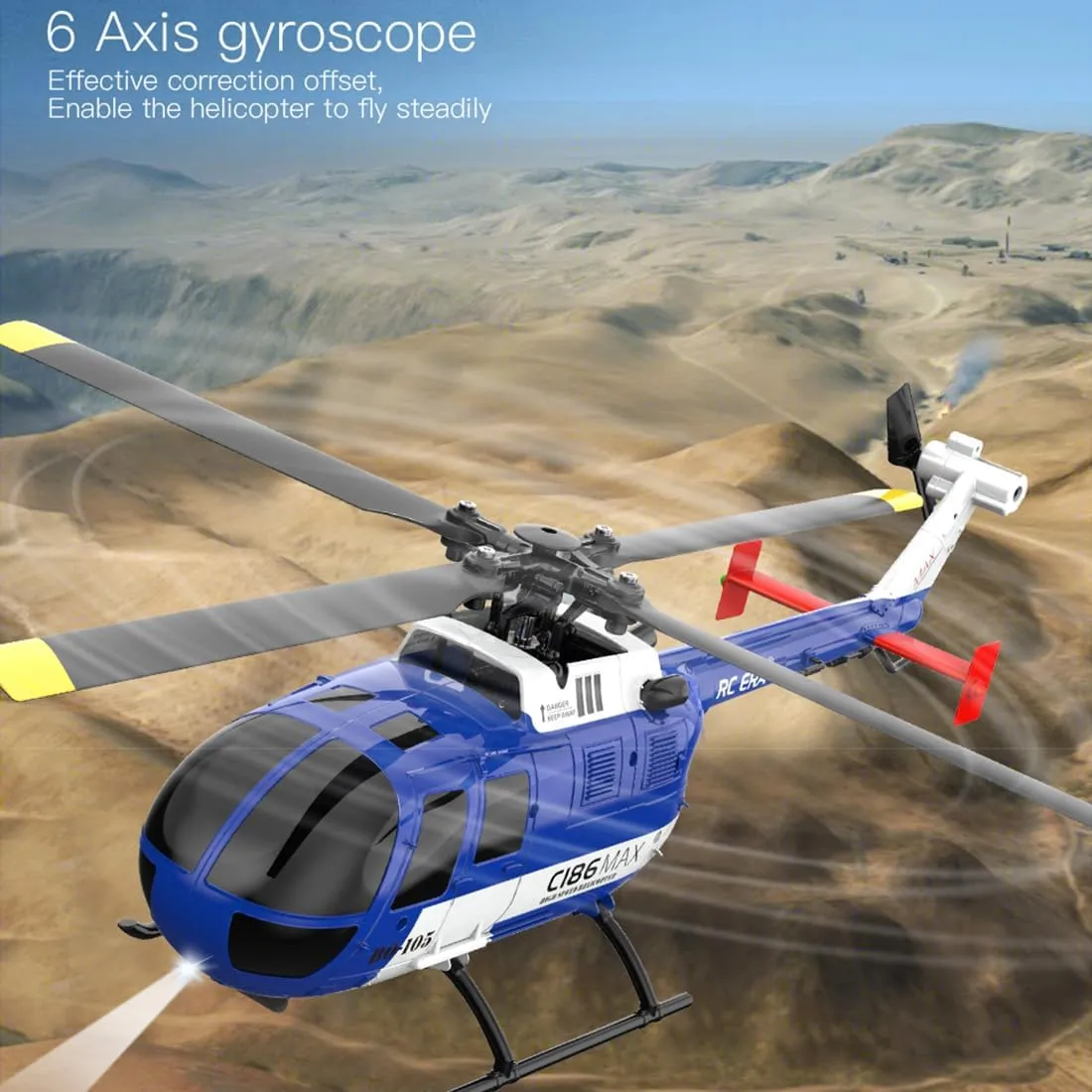 Helicoopter with afoul cattle Altitude Hold & Optical Flow, RTF Model with One-Key Takeoff for Adults C186MAX BO105 Gunship Helicopter with 6-Axis Gyro, 2.4G 4CH Flybarless RC 