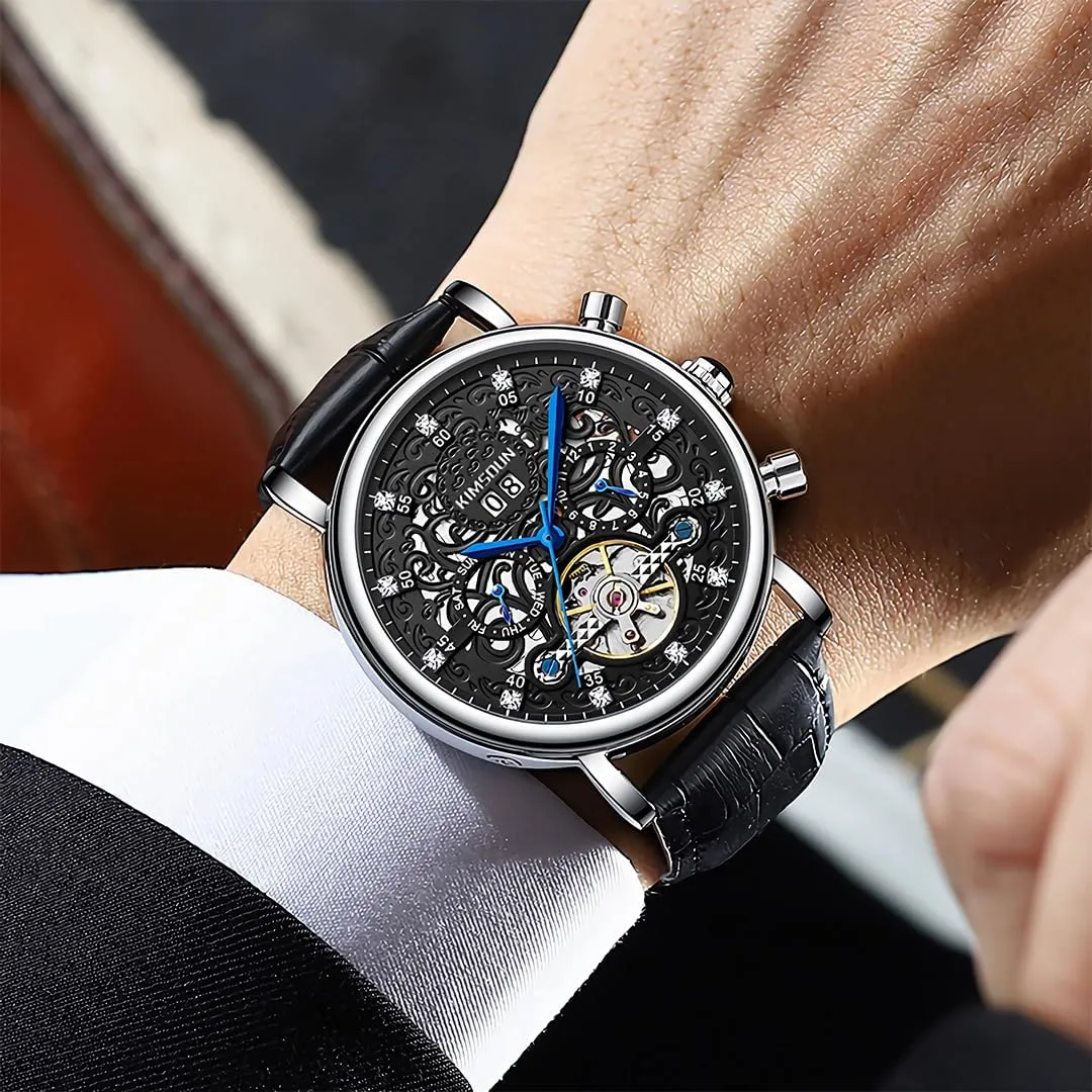 Hollow Out Watch Calendar Week Month Display Waterproof Men's Mechanical Watch Men's Business Watch Fully Automatic Mechanical Movement Multi Functional pipe planetarium Tourbillon 