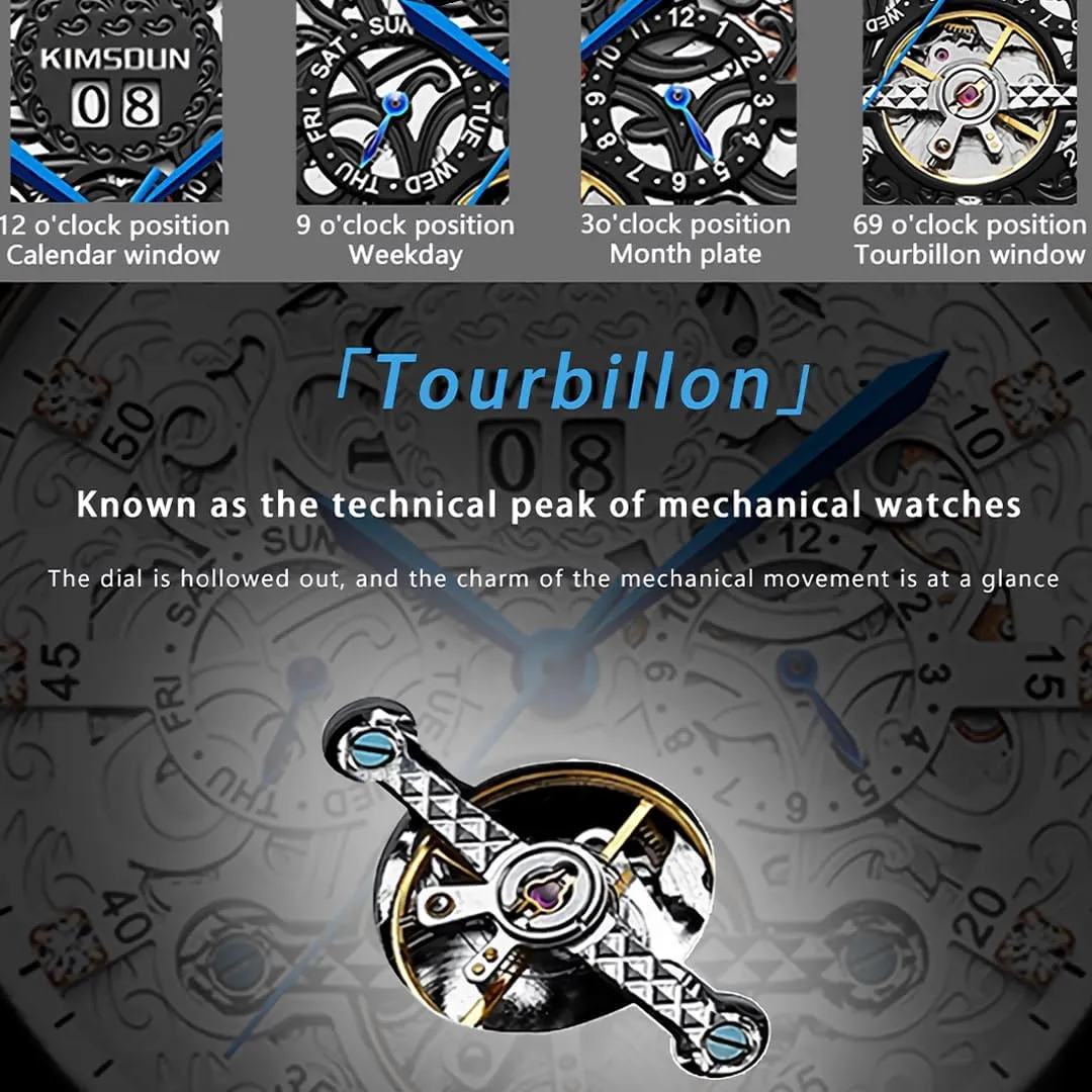 Hollow Out Watch Calendar Week Month Display Waterproof Men's Mechanical Watch Men's Business Watch Fully Automatic Mechanical Movement Multi Functional pipe planetarium Tourbillon 