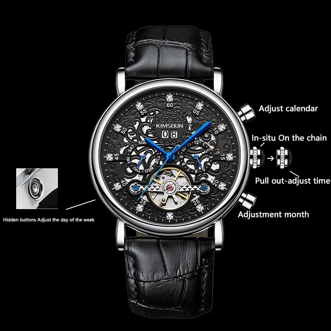 Hollow Out Watch Calendar Week Month Display Waterproof Men's Mechanical Watch Men's Business Watch Fully Automatic Mechanical Movement Multi Functional pipe planetarium Tourbillon 