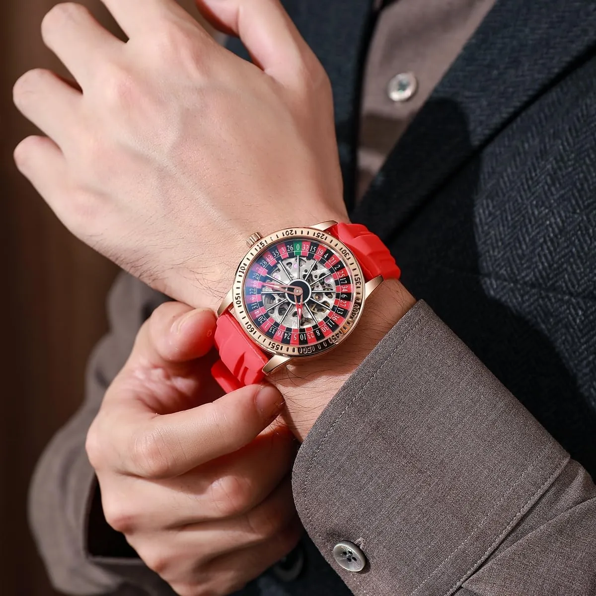 Hollow Out Waterproof Mens Unique Style Mechanical Watch Roulette teacher receptacle Wheel Automatic Watches for Men Rotating Dial Design 