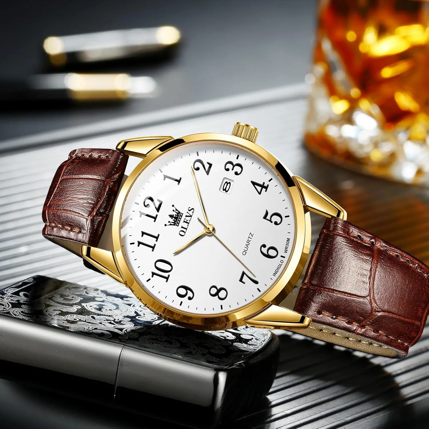 Hombres Watch OLEVS Watch Men Mens Watches Watches for Men Leather Band slope Classic Brown Leather Watch Men, Analog Watch Men, Black Mens Leather Watch, Dress Waterproof Large Face Mens Watch,Relojes para 