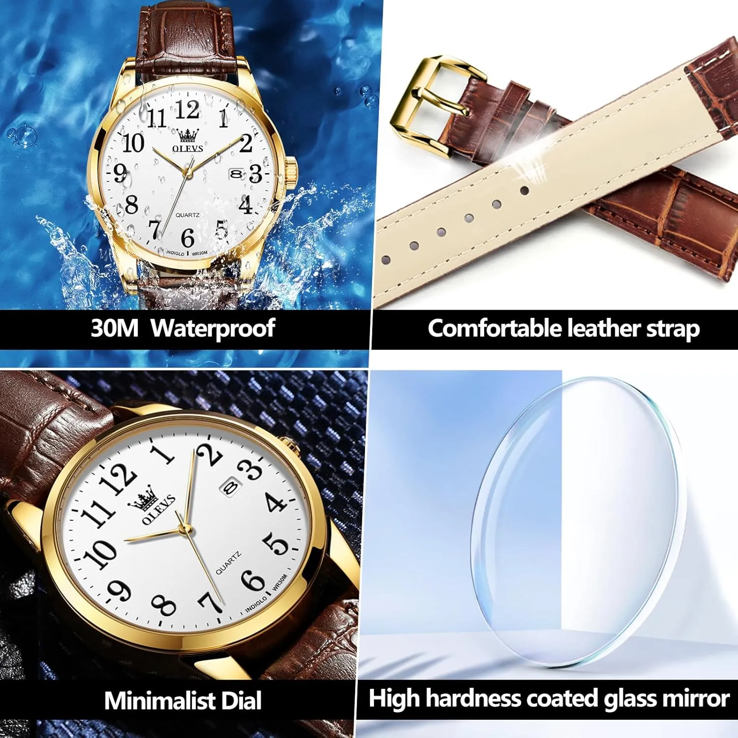 Hombres Watch OLEVS Watch Men Mens Watches Watches for Men Leather Band slope Classic Brown Leather Watch Men, Analog Watch Men, Black Mens Leather Watch, Dress Waterproof Large Face Mens Watch,Relojes para 