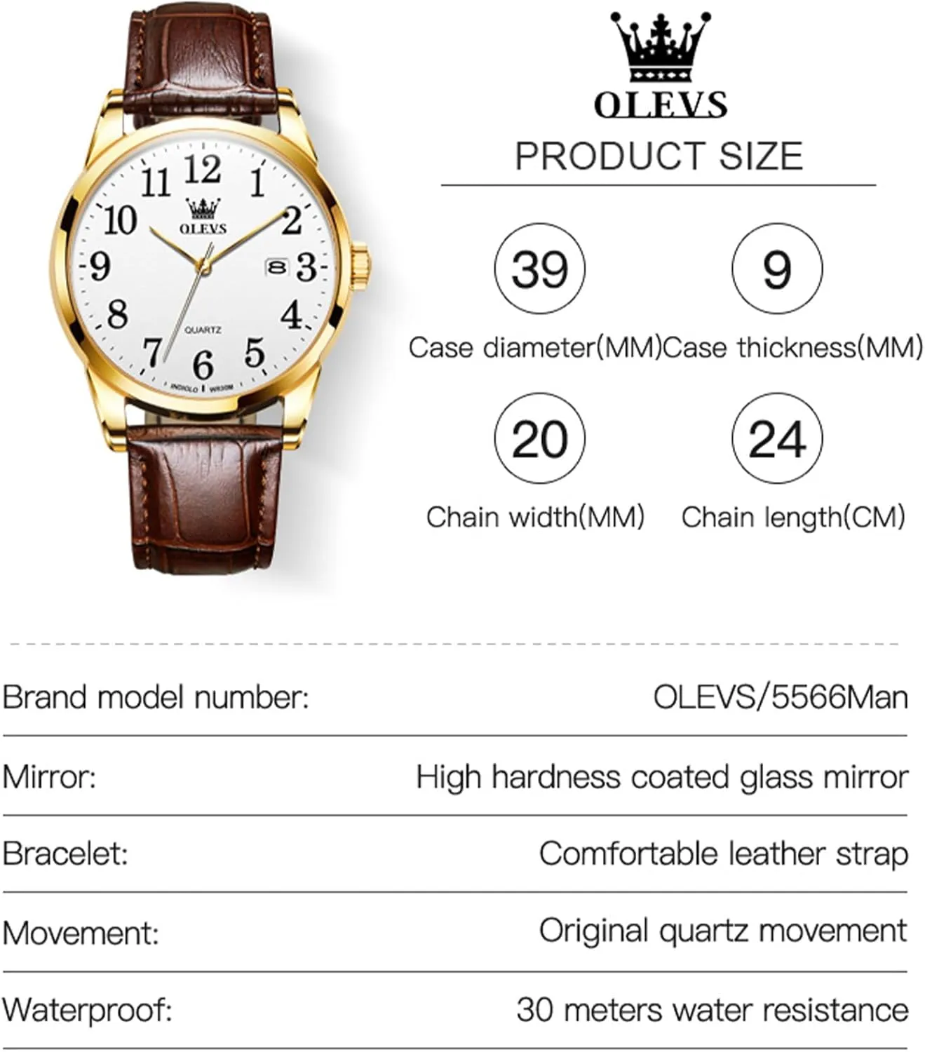 Hombres Watch OLEVS Watch Men Mens Watches Watches for Men Leather Band slope Classic Brown Leather Watch Men, Analog Watch Men, Black Mens Leather Watch, Dress Waterproof Large Face Mens Watch,Relojes para 