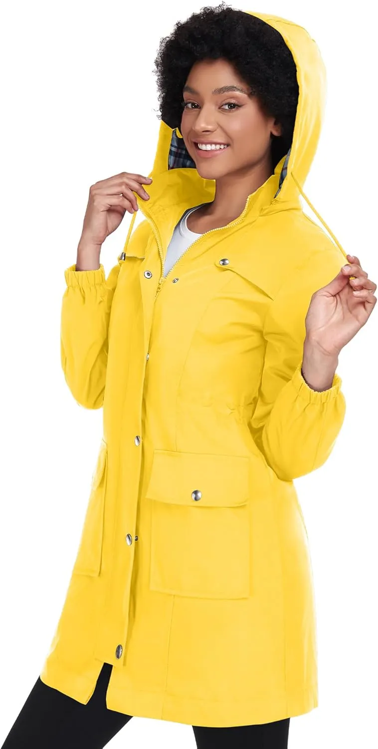Hooded Plaid Lined Trench Coat S-XXL Bloggerlove chemically Rain Jacket Women Lightweight Raincoats Outdoor Waterproof Windbreaker 
