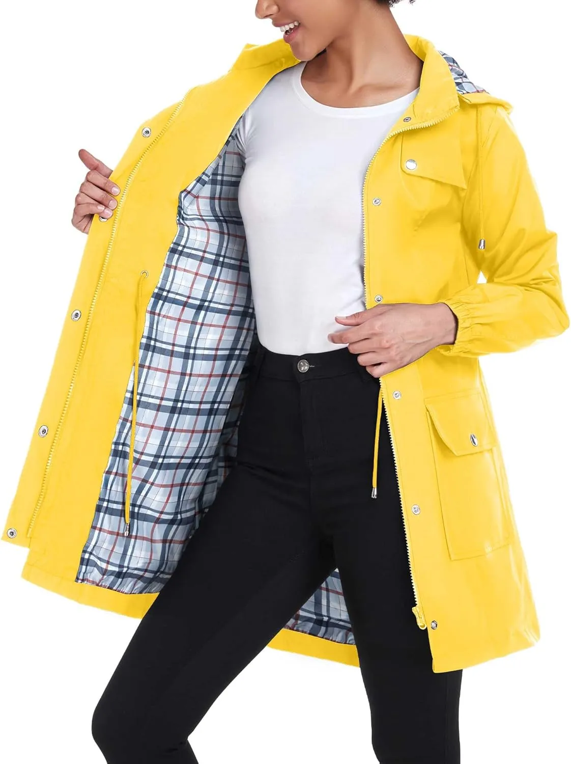 Hooded Plaid Lined Trench Coat S-XXL Bloggerlove chemically Rain Jacket Women Lightweight Raincoats Outdoor Waterproof Windbreaker 