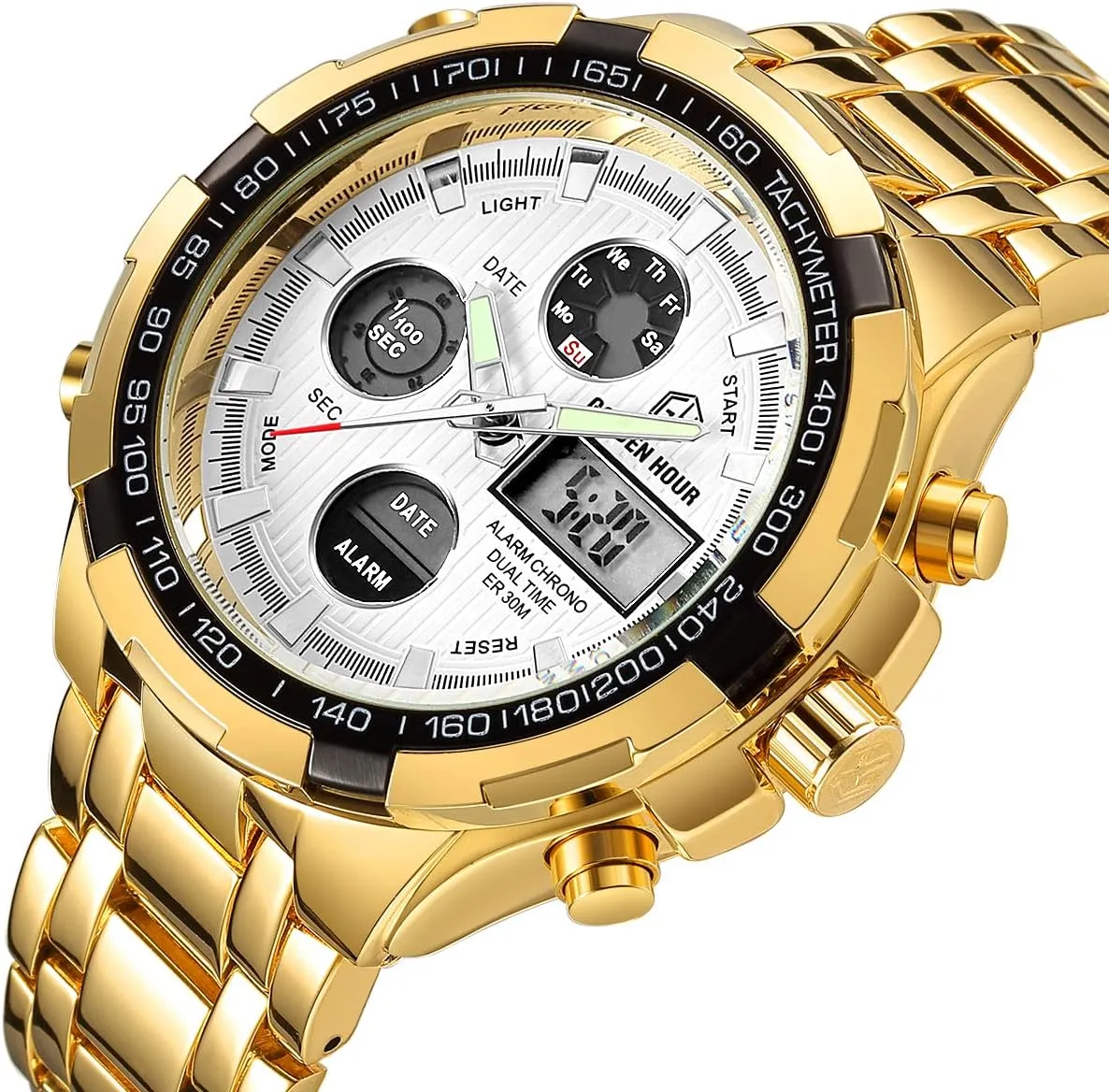 HOUR Luxury Stainless Steel Analog Digital Watches for Men Male Outdoor Sport credential muscle impair Waterproof Big Heavy Wristwatch GOLDEN 