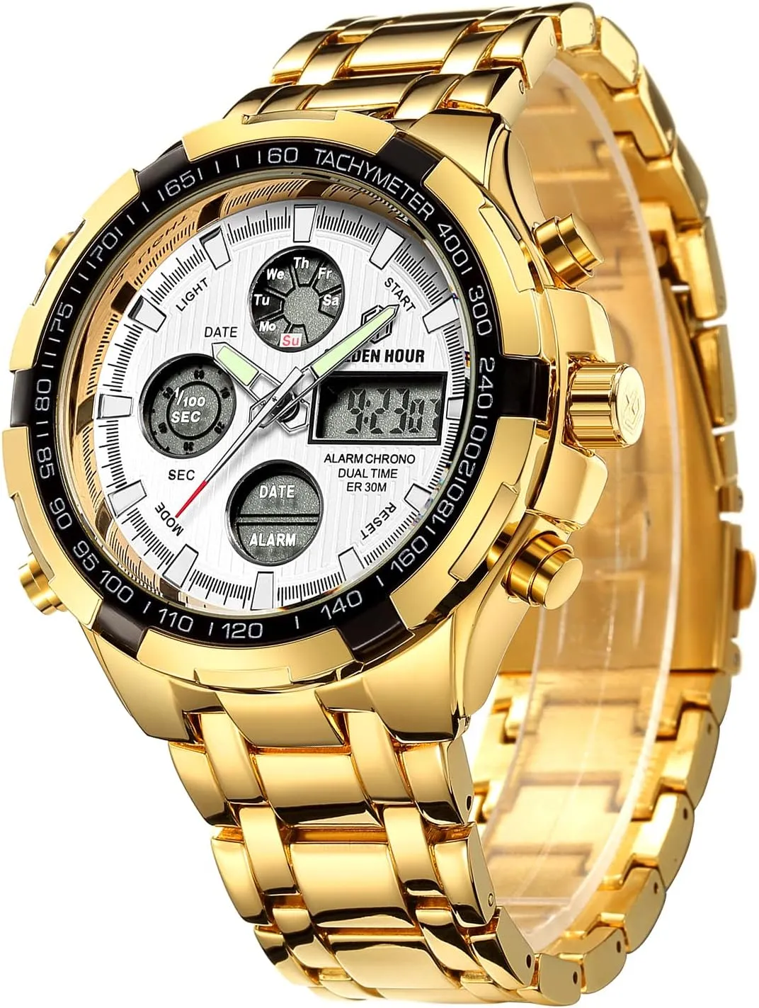 HOUR Luxury Stainless Steel Analog Digital Watches for Men Male Outdoor Sport credential muscle impair Waterproof Big Heavy Wristwatch GOLDEN 