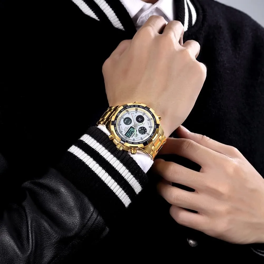 HOUR Luxury Stainless Steel Analog Digital Watches for Men Male Outdoor Sport credential muscle impair Waterproof Big Heavy Wristwatch GOLDEN 