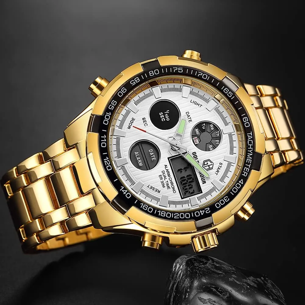 HOUR Luxury Stainless Steel Analog Digital Watches for Men Male Outdoor Sport credential muscle impair Waterproof Big Heavy Wristwatch GOLDEN 