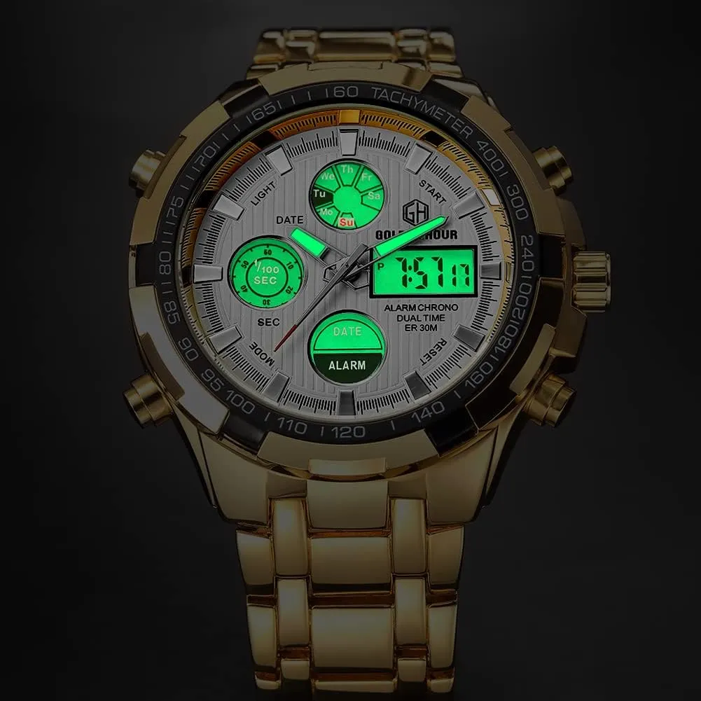 HOUR Luxury Stainless Steel Analog Digital Watches for Men Male Outdoor Sport credential muscle impair Waterproof Big Heavy Wristwatch GOLDEN 