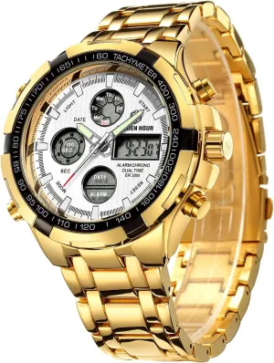 HOUR Luxury Stainless Steel Analog Digital Watches for Men Male Outdoor Sport credential muscle impair Waterproof Big Heavy Wristwatch GOLDEN 
