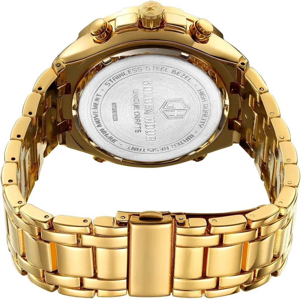 HOUR Luxury Stainless Steel Analog Digital Watches for Men Male Outdoor Sport credential muscle impair Waterproof Big Heavy Wristwatch GOLDEN 